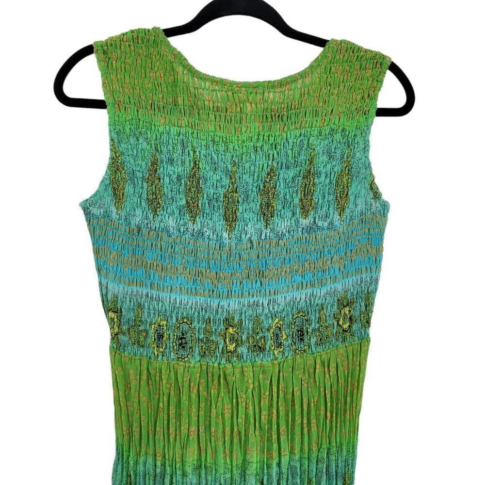 Vtg 90s Festival Smocked Crinkle Colorful Maxi Dress Sz 6P Blue Paisley Stretch - Picture 9 of 12